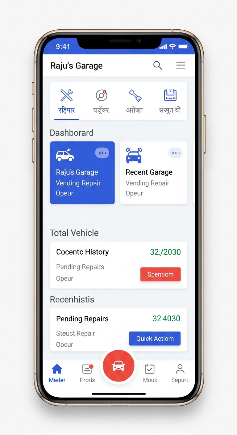 Ustaad App Dashboard showing vehicle repairs in Hindi